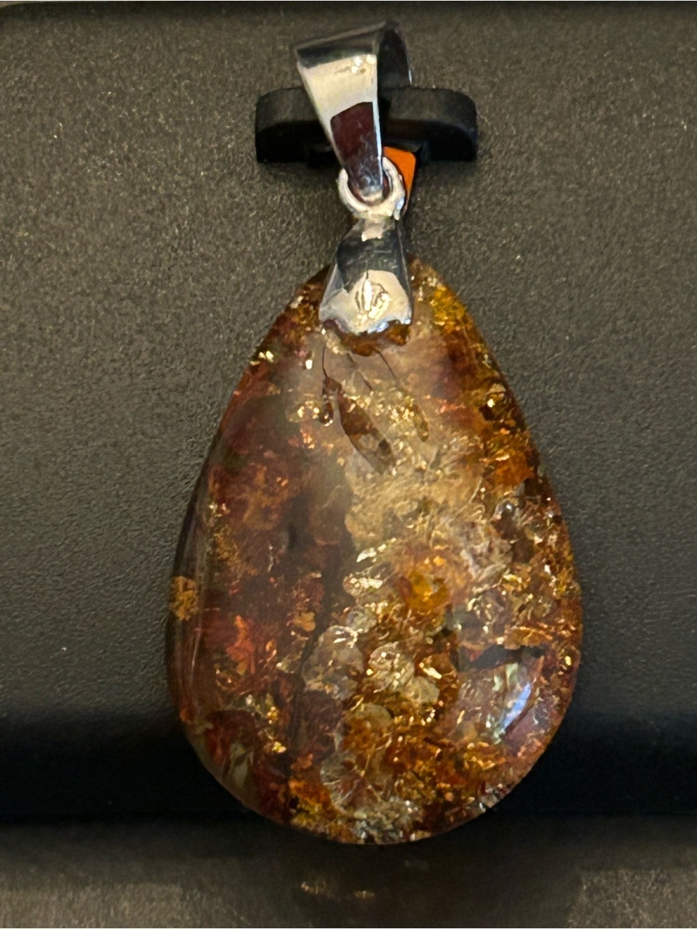Polished Natural Amber Teardrop Pendant Necklace - Brown/Gold set in 925 SSilver